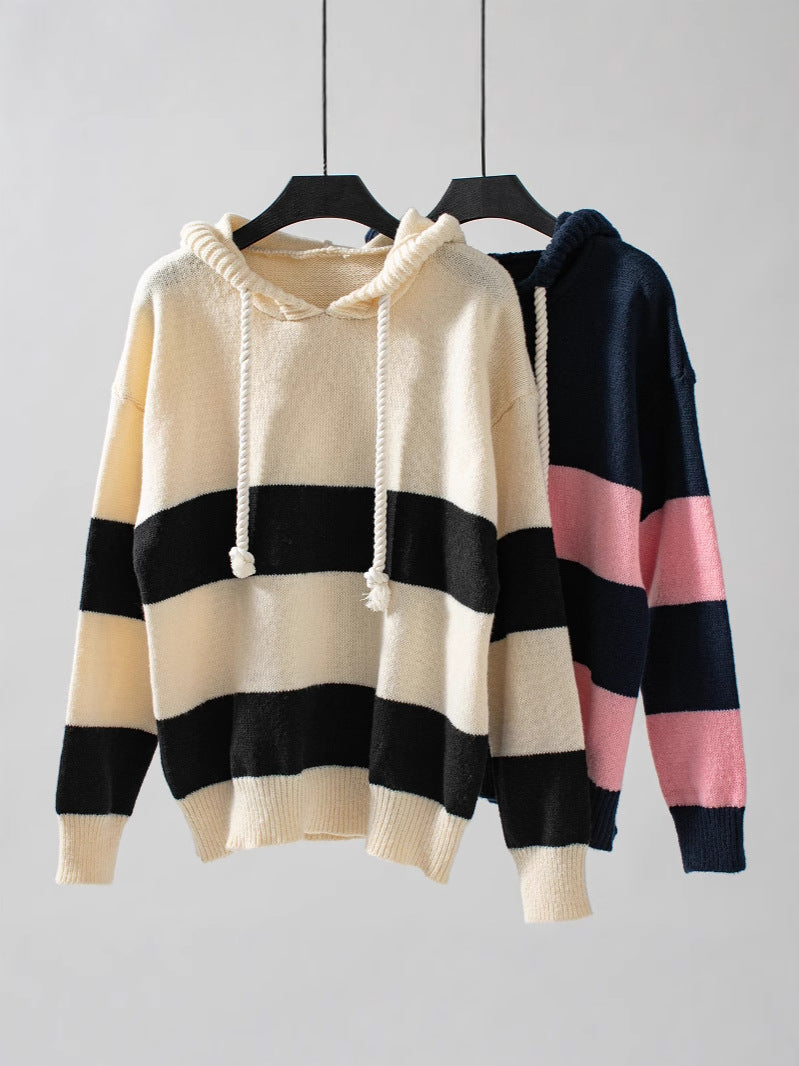 Women's Striped Knit Hoodie Sweater Wool Jumper Pullover