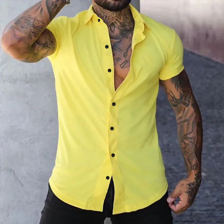 Men's Muscle Fit Short Sleeve Dress Shirt Stretch Casual Top