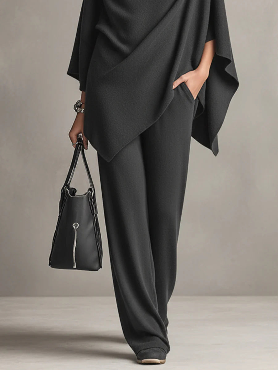 Women's Knit Two Piece Cape Top Wide Leg Pants Co-ord Set
