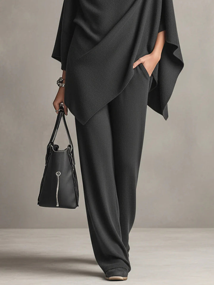 Women's Knit Two Piece Cape Top Wide Leg Pants Co-ord Set
