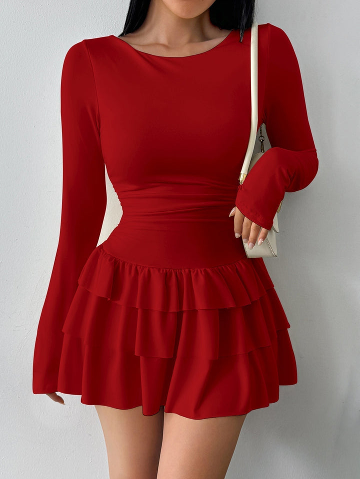 Women's Knit Long-Sleeve Layered-Skirt Mini Dress