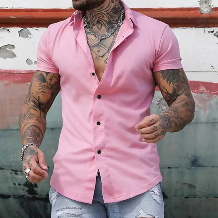 Men's Muscle Fit Short Sleeve Dress Shirt Stretch Casual Top