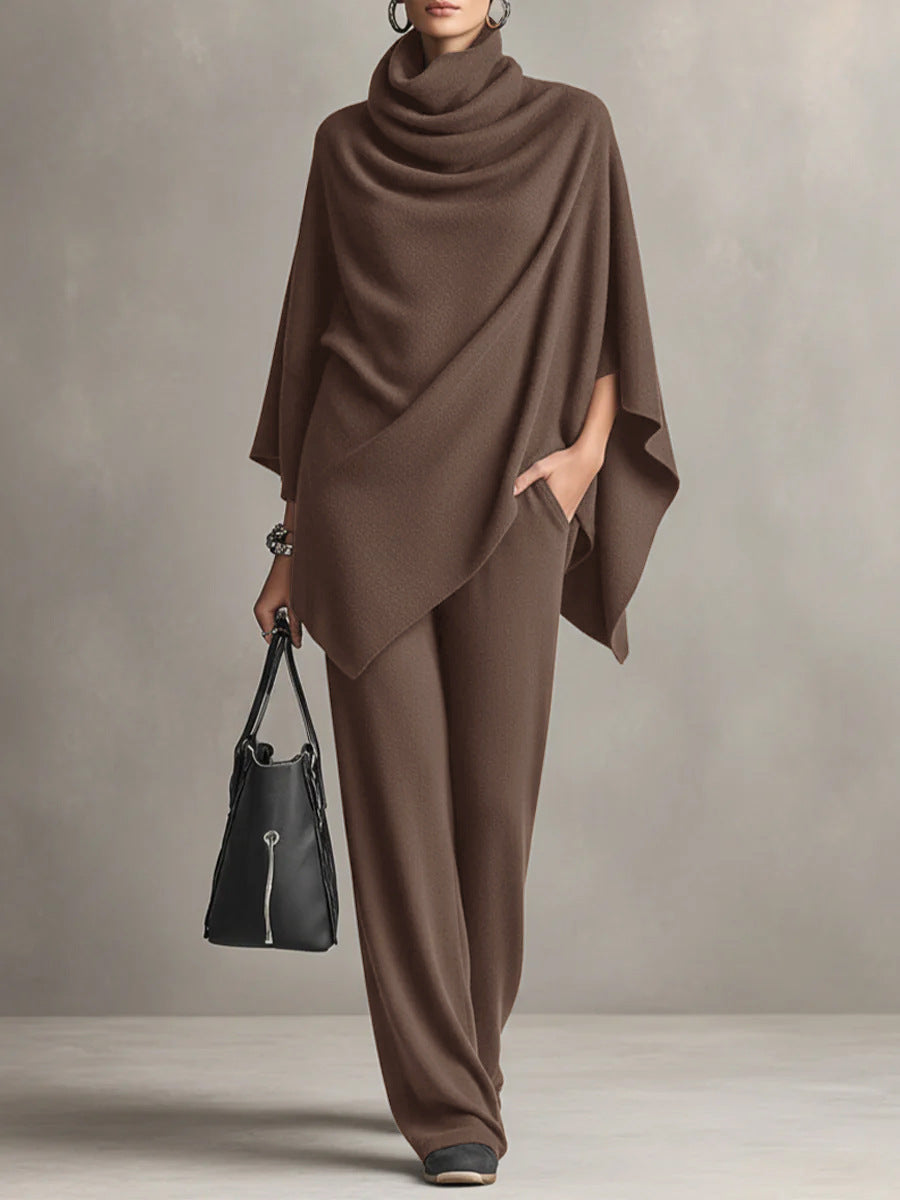 Women's Knit Two Piece Cape Top Wide Leg Pants Co-ord Set