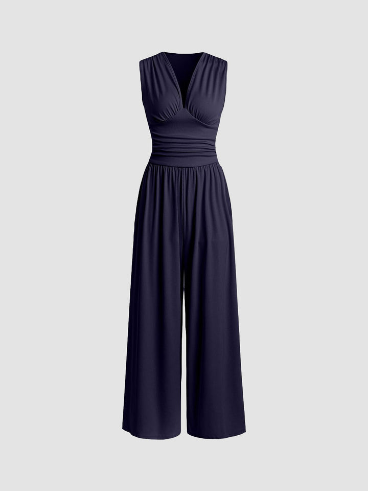 Combinaison tricotée pour femme, jambes larges, col en V et sans manches