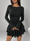 Women's Knit Long-Sleeve Layered-Skirt Mini Dress
