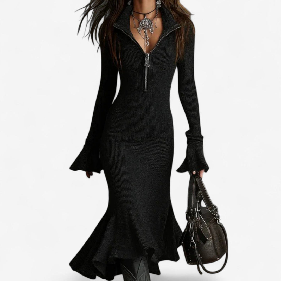 Women's Knit Long Sleeve Zip Neck Midi Dress