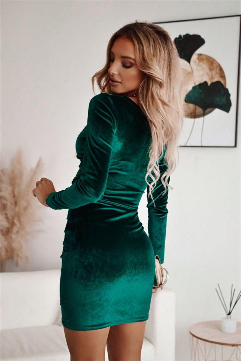 Women's Velvet V-Neck Long Sleeve Party Mini Dress