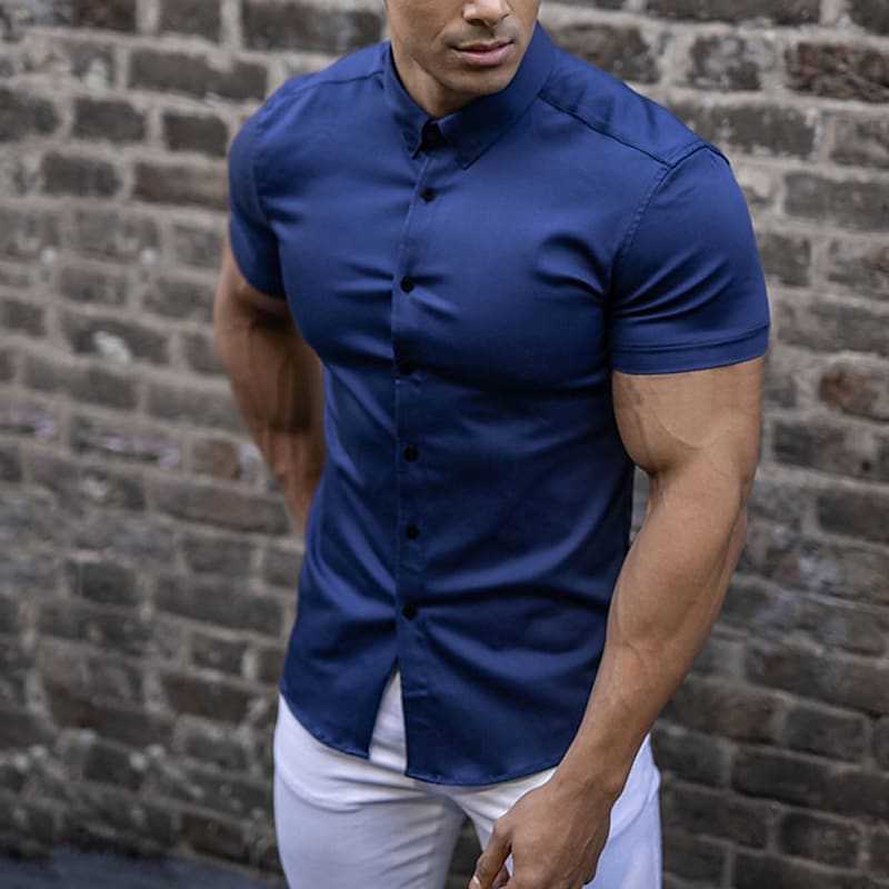 Men's Muscle Fit Short Sleeve Dress Shirt Stretch Casual Top