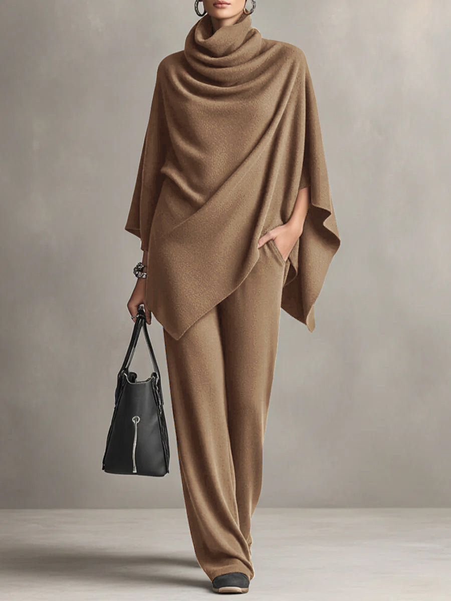 Women's Knit Two Piece Cape Top Wide Leg Pants Co-ord Set