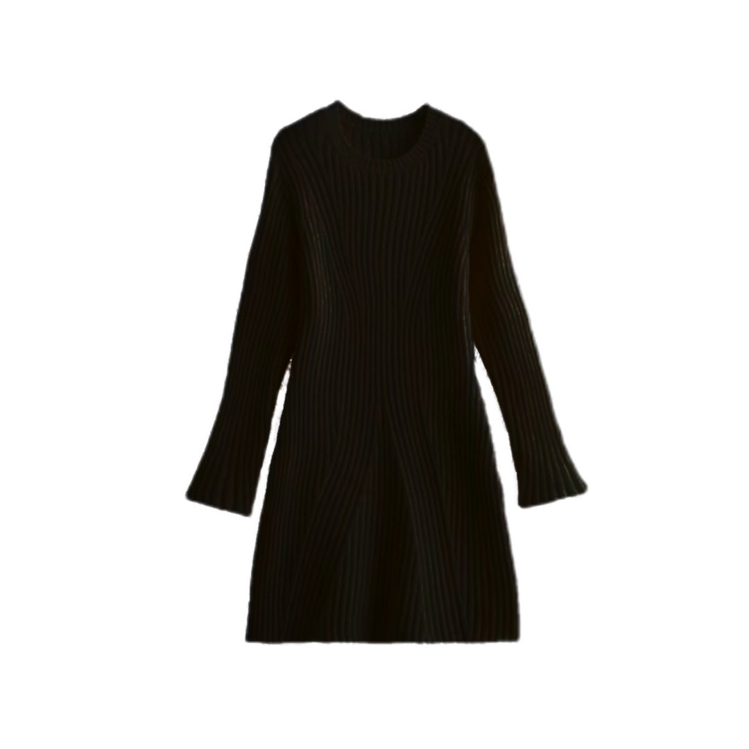 Women Ribbed Long Sleeve Knit Wool A-Line Dress