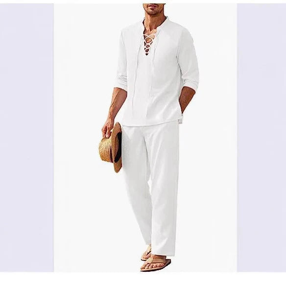 Men’s Linen Blend Trousers and Tunic Boho Two-Piece Set