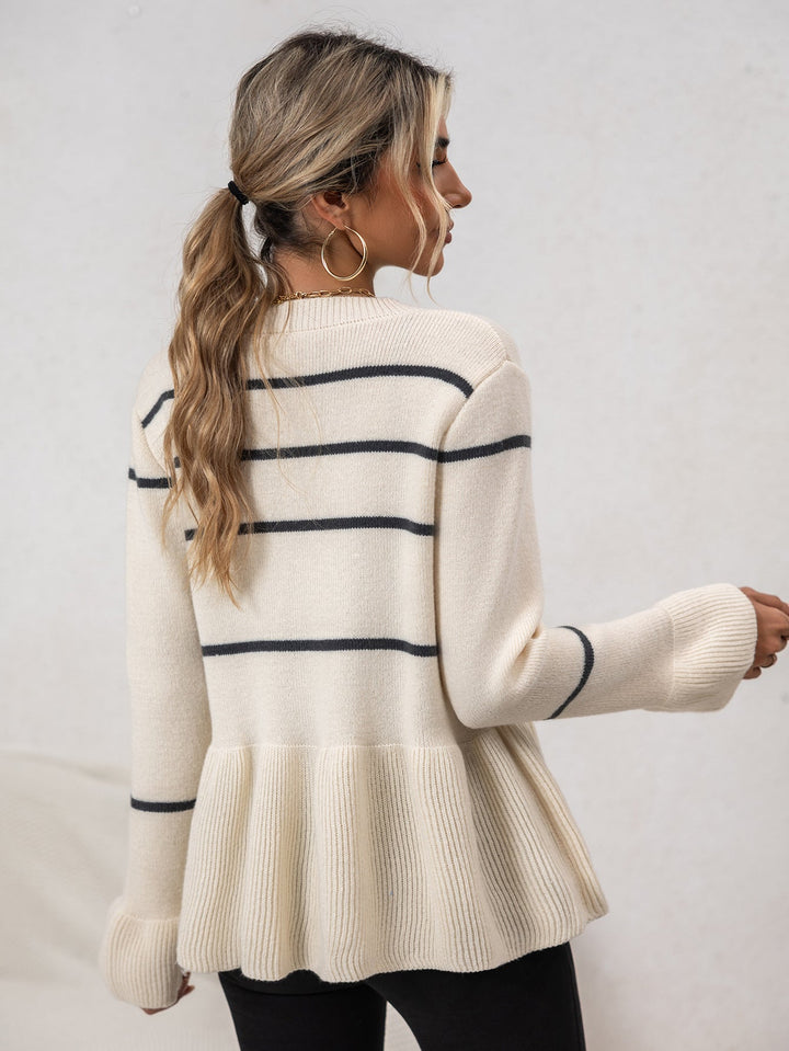Women's Cardigan Sweater Striped Knit V-Neck Long Sleeves Top