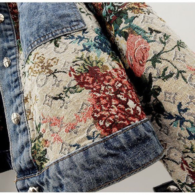 Women Denim Floral Jacket Denim Coat Outerwear