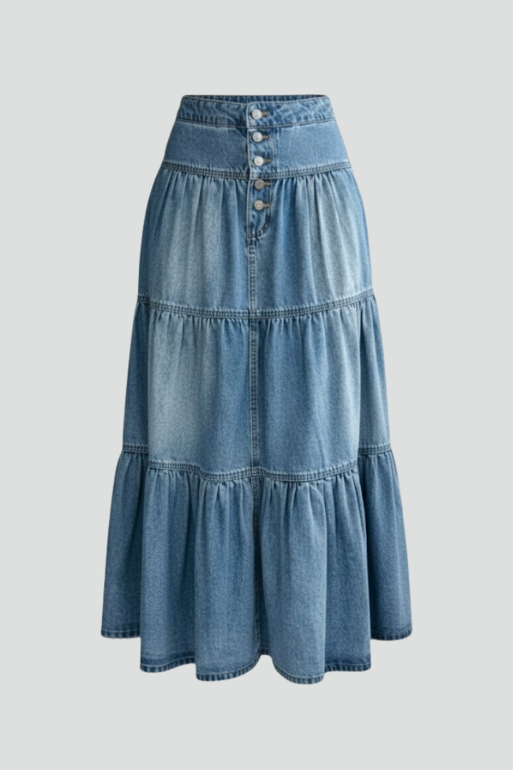 Women's High-Waist Tiered Denim Maxi Skirt