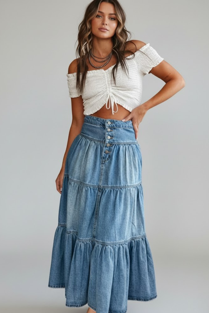 Women's High-Waist Tiered Denim Maxi Skirt