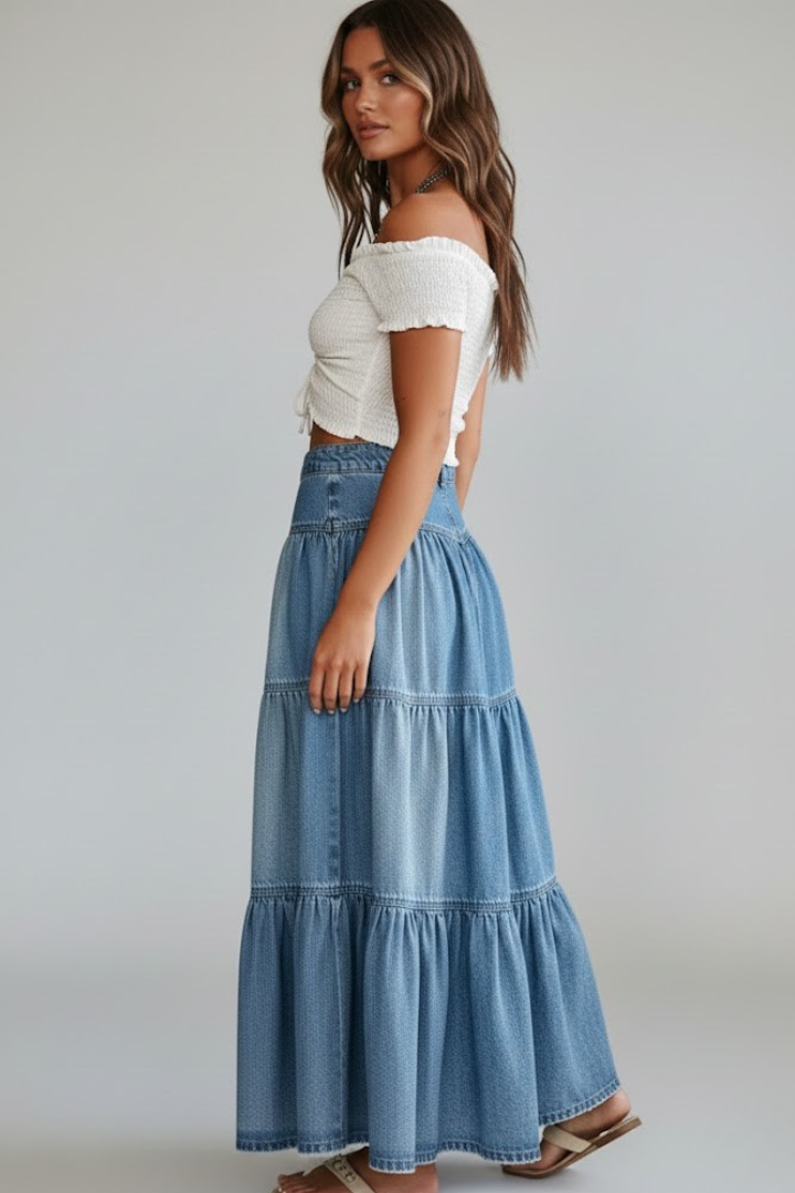 Women's High-Waist Tiered Denim Maxi Skirt