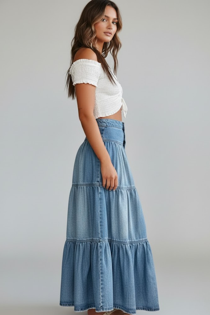 Women's High-Waist Tiered Denim Maxi Skirt