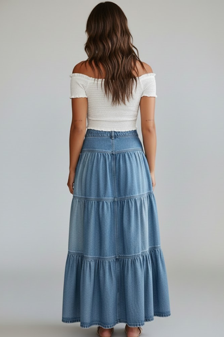 Women's High-Waist Tiered Denim Maxi Skirt