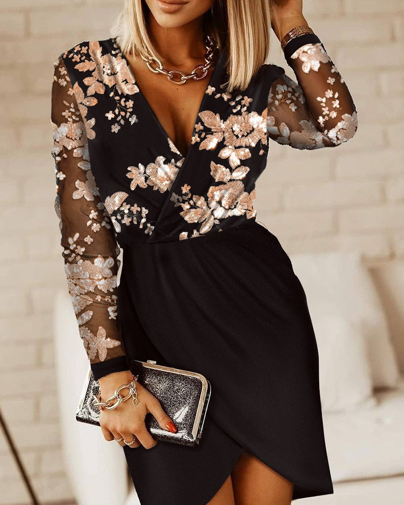 Women's Sequin Party Dress Wrap V Neck Glitter Evening Gown