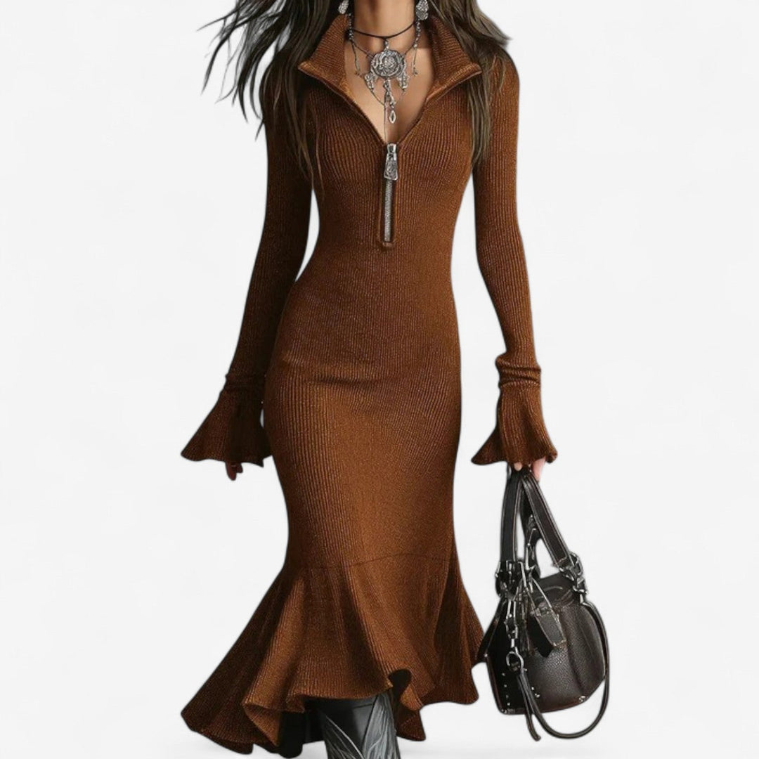 Women's Knit Long Sleeve Zip Neck Midi Dress
