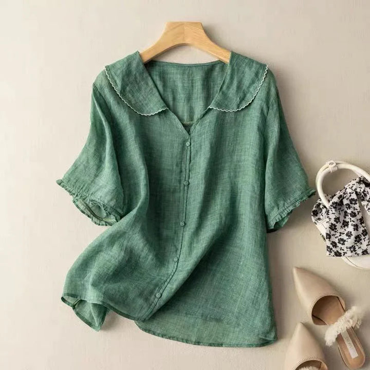 Blouse décontractée pour femme en lin, col en V, manches courtes