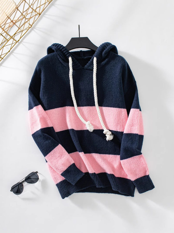 Women's Striped Knit Hoodie Sweater Wool Jumper Pullover