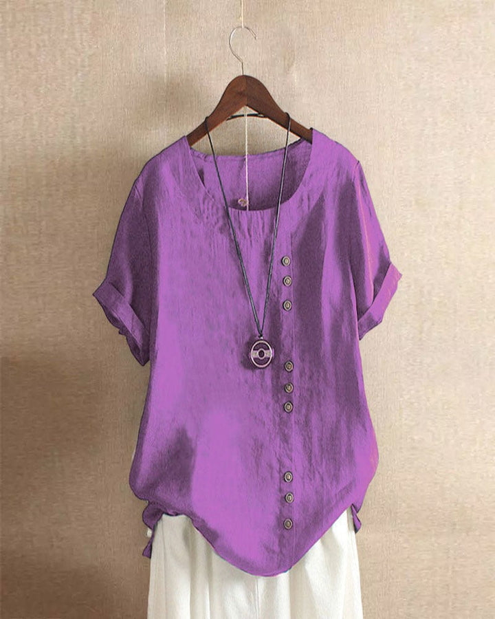 Women's Short Sleeve Linen Asymmetric Top Loose Fit Tunic Blouse
