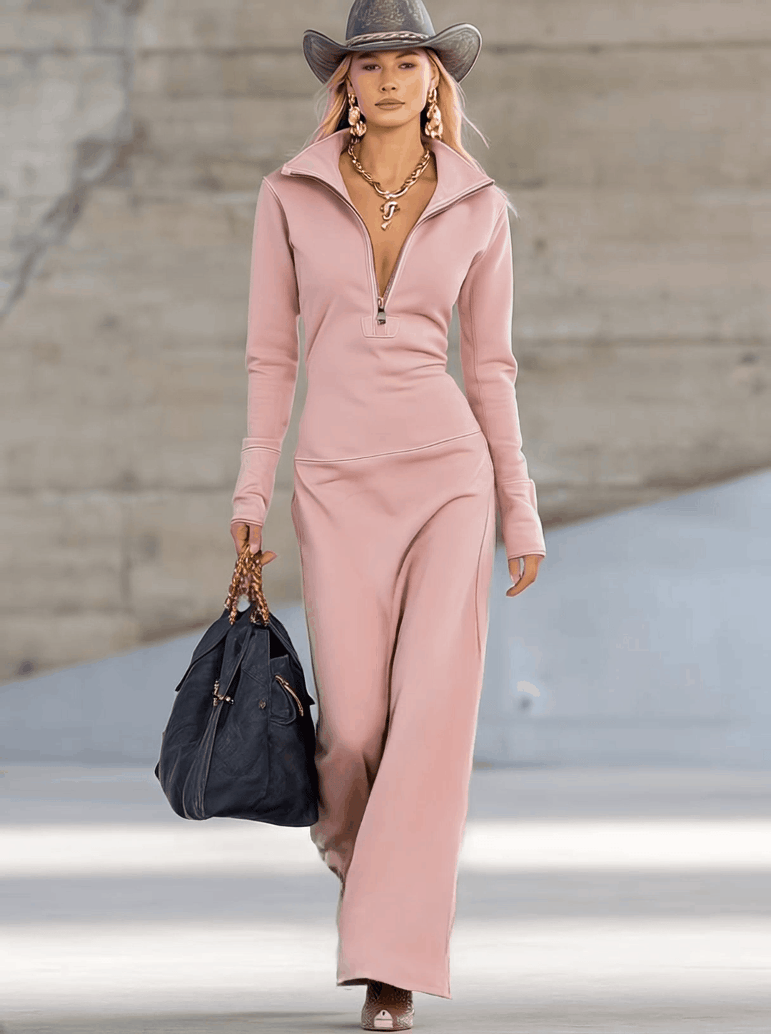 Women's Fleece Quarter Zip Long Sleeve Maxi Dress