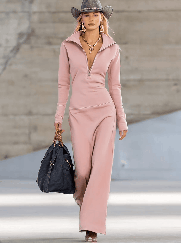 Women's Fleece Quarter Zip Long Sleeve Maxi Dress