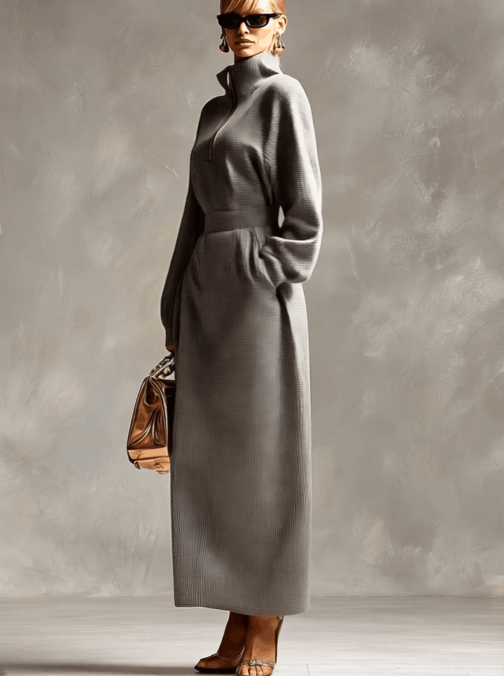 Women's Knit Sweater Half Zip High Neck Maxi Dress