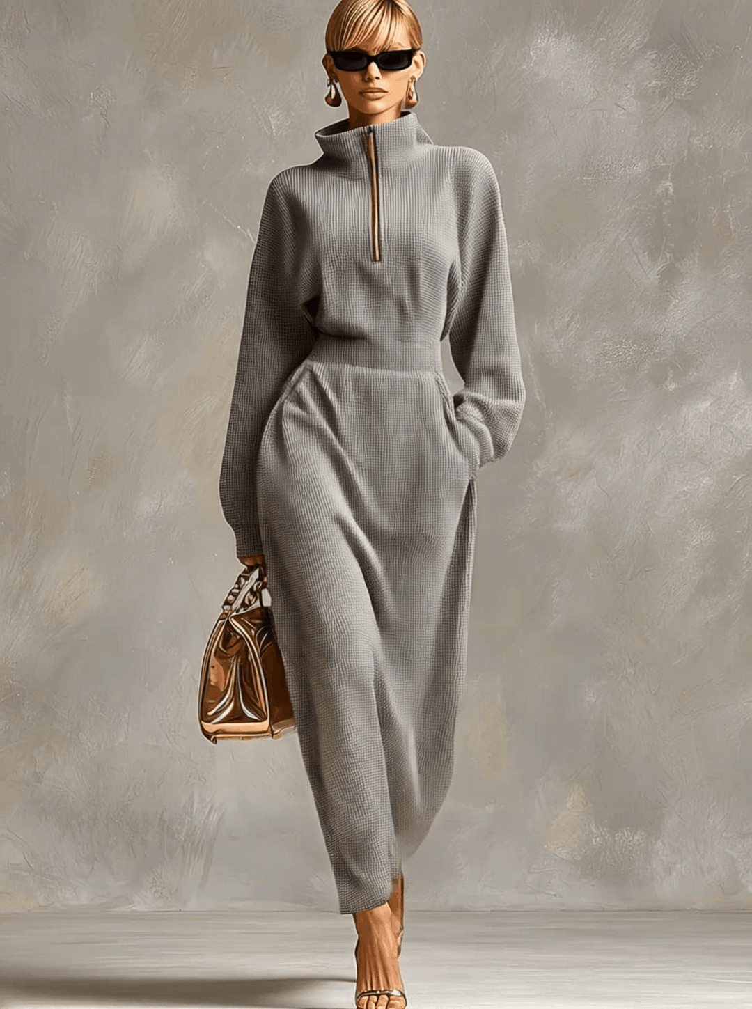 Women's Knit Sweater Half Zip High Neck Maxi Dress