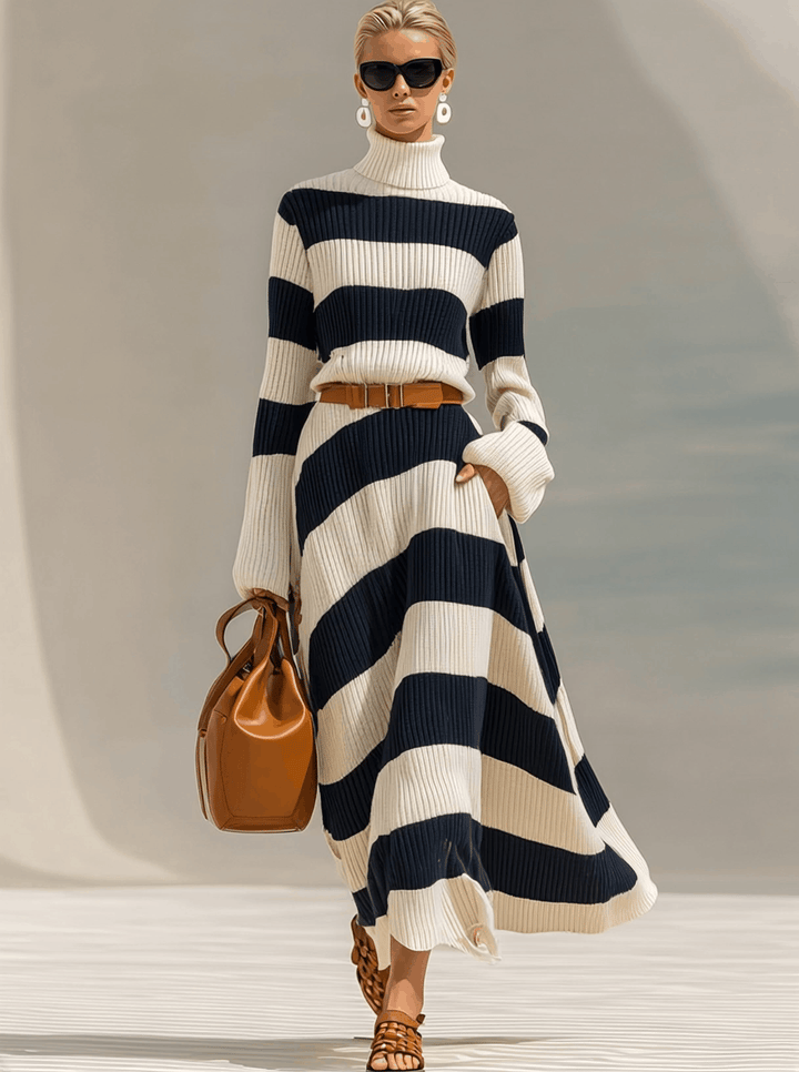 Women’s Striped High-Neck Belted Knit Maxi Dress