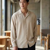 Men's Open Collar Long Sleeve Linen Shirt Relaxed Fit Lightweight