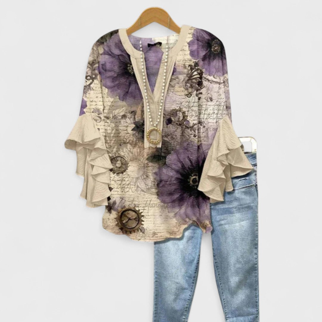 Women Linen V Neck Blouse Tiered Ruffle Bell Sleeve Floral Print Tunic Top
