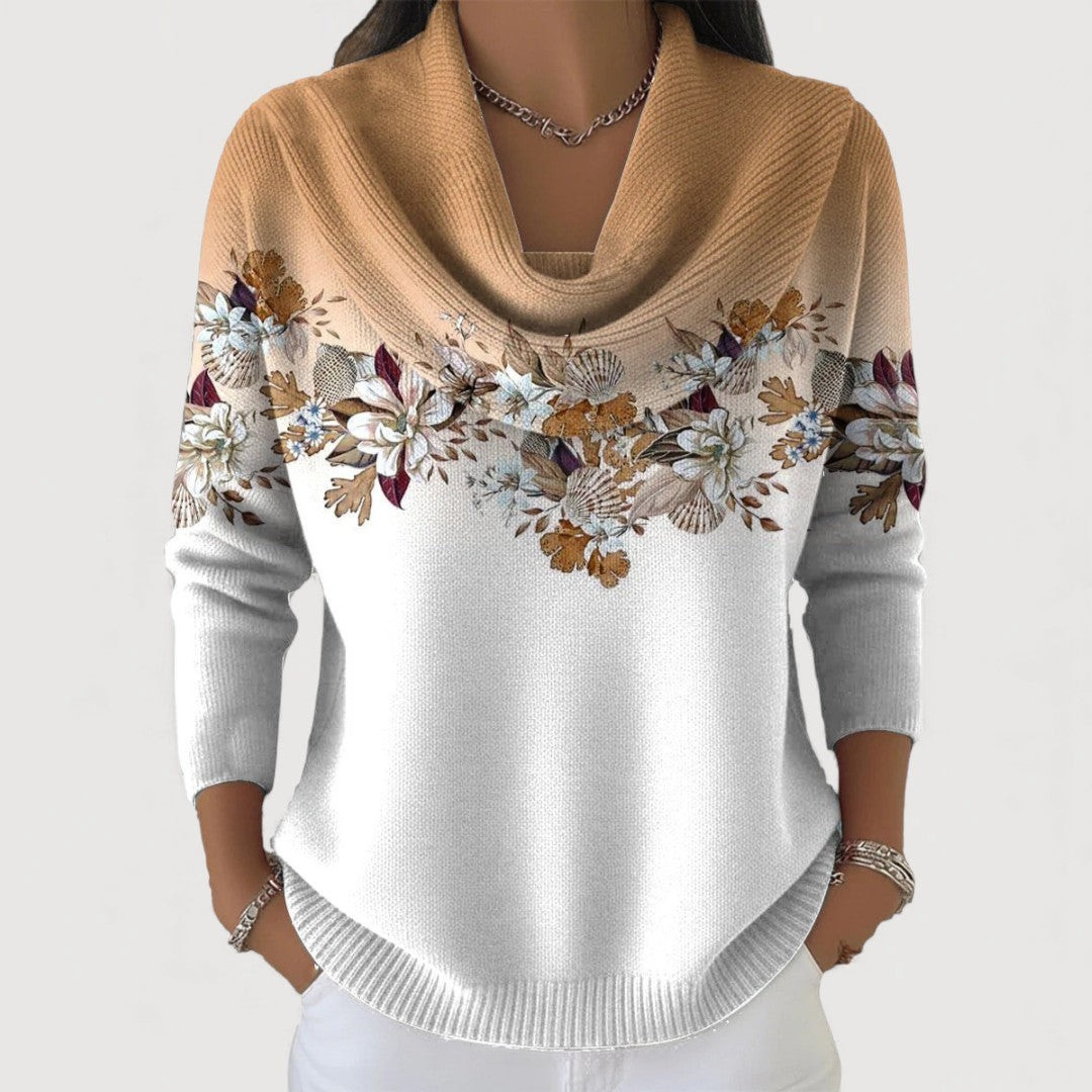 Knit Floral Print Cowl Neck Women Jumper Sweater