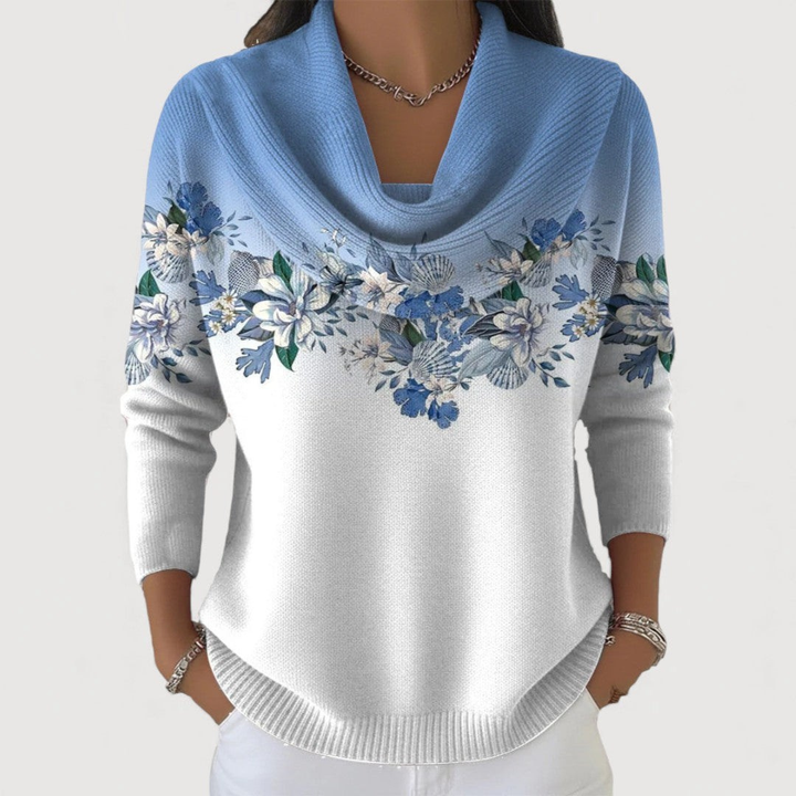 Knit Floral Print Cowl Neck Women Jumper Sweater