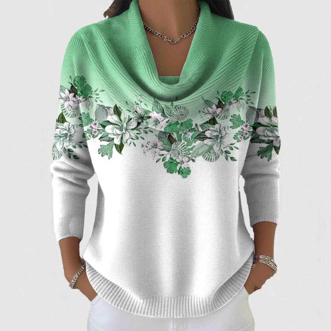 Knit Floral Print Cowl Neck Women Jumper Sweater
