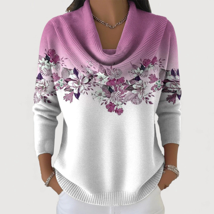 Knit Floral Print Cowl Neck Women Jumper Sweater