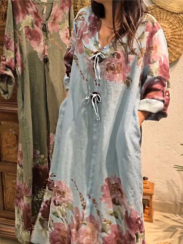 Women’s Floral Linen V-Neck Maxi Shift Dress