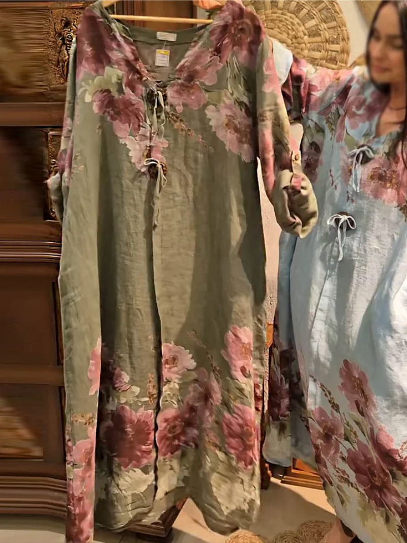 Women’s Floral Linen V-Neck Maxi Shift Dress