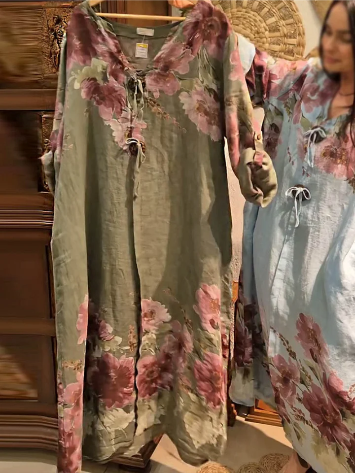 Women’s Floral Linen V-Neck Maxi Shift Dress
