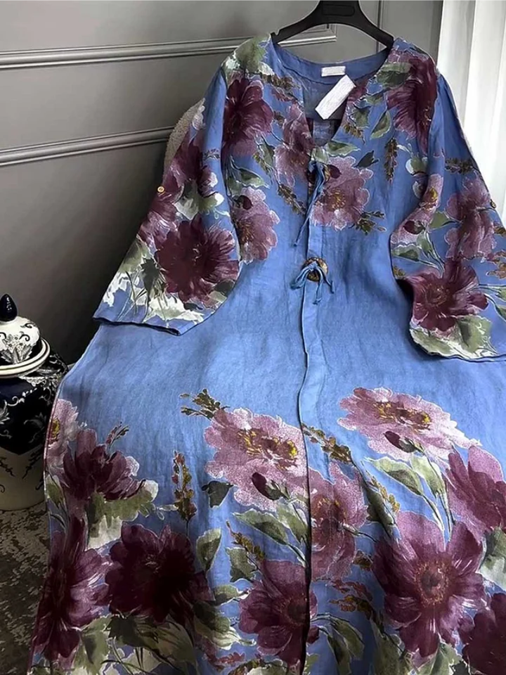 Women’s Floral Linen V-Neck Maxi Shift Dress