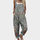 Linen Floral Jumpsuit Women Overalls Dungarees Wide Leg Romper