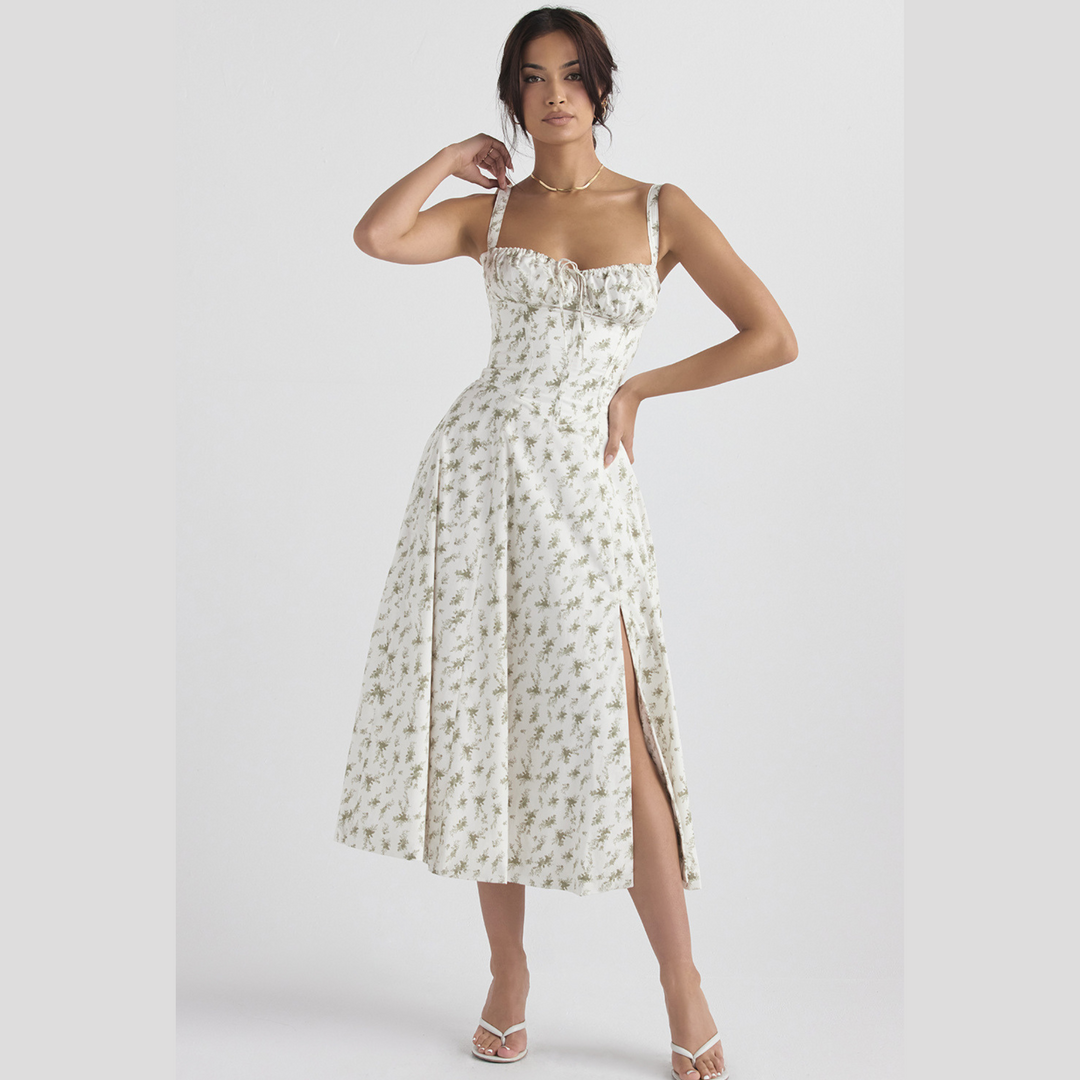Women's Floral Linen Midi Dress Cocktail Party Dress
