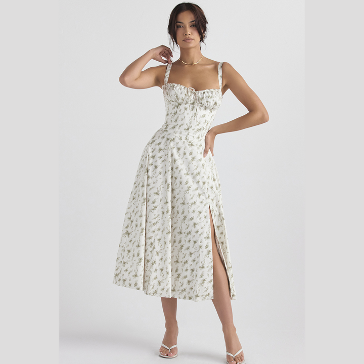 Women's Floral Linen Midi Dress Cocktail Party Dress