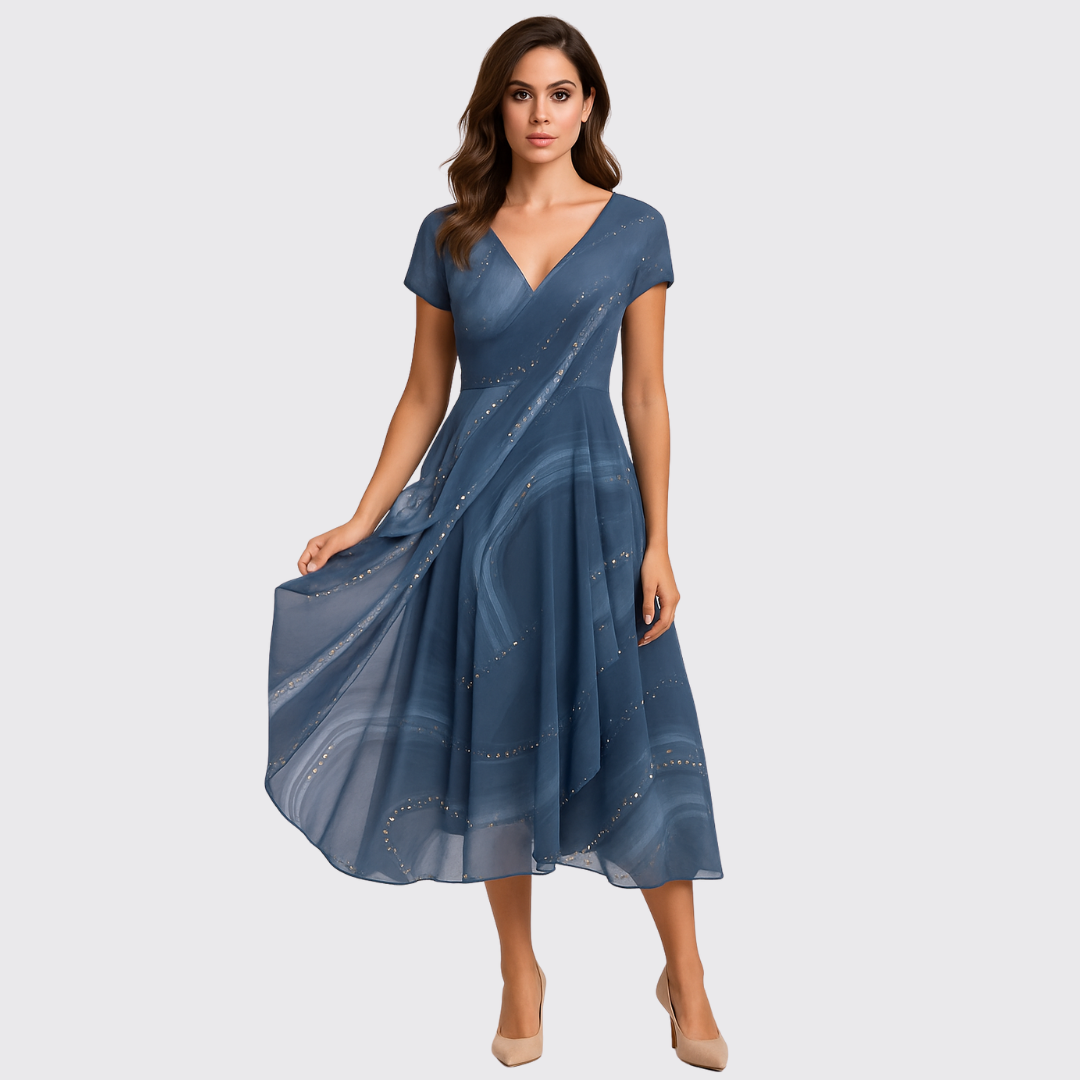 Women's Chiffon Pleated V-Neck Midi Dress