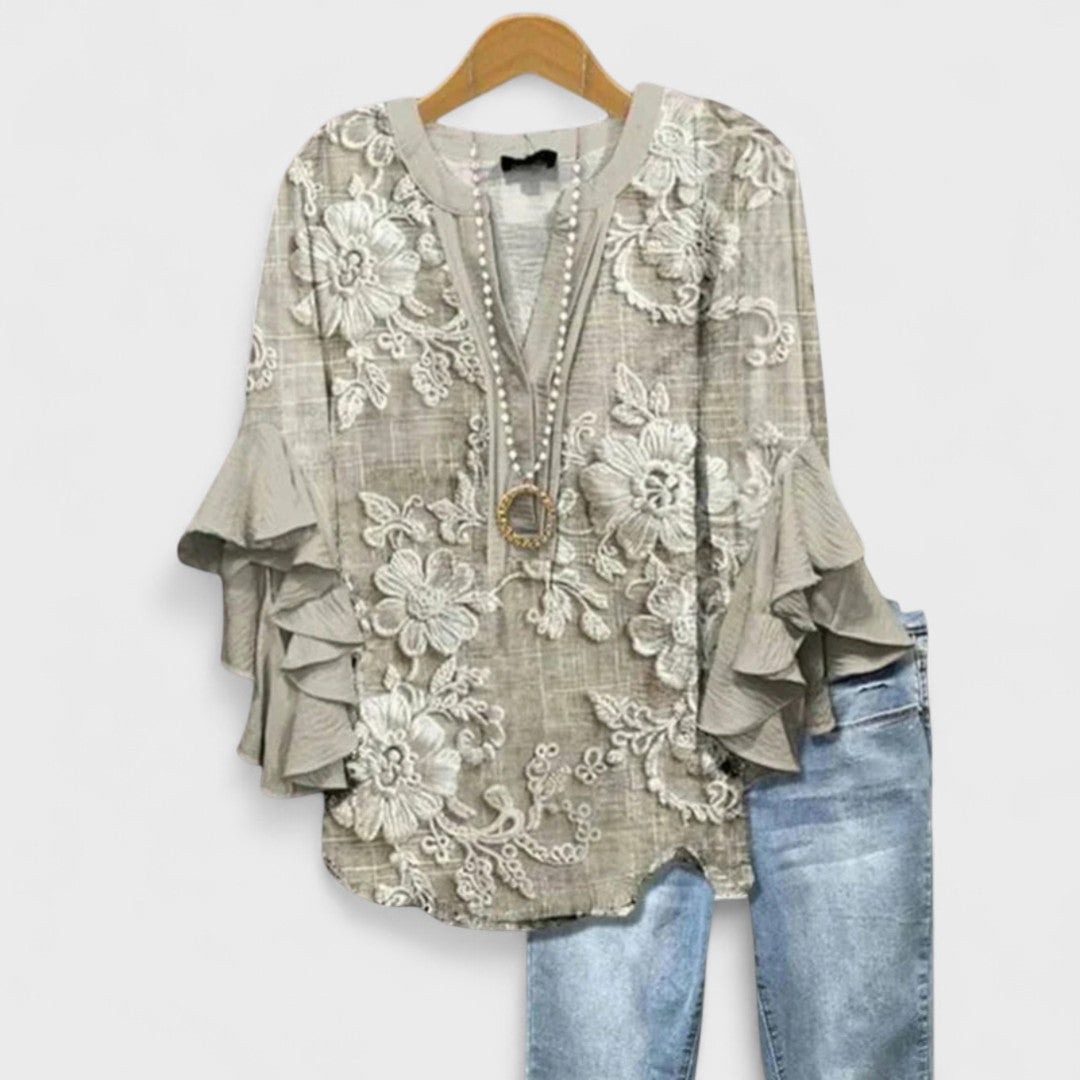 Women Linen V Neck Blouse Tiered Ruffle Bell Sleeve Floral Print Tunic Top