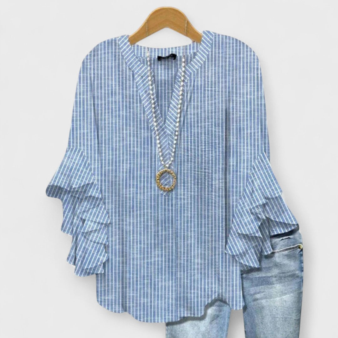 Women Linen V Neck Blouse Tiered Ruffle Bell Sleeve Floral Print Tunic Top