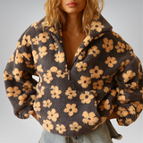 Women Fleece Floral Quarter Zip Pullover Hoodie