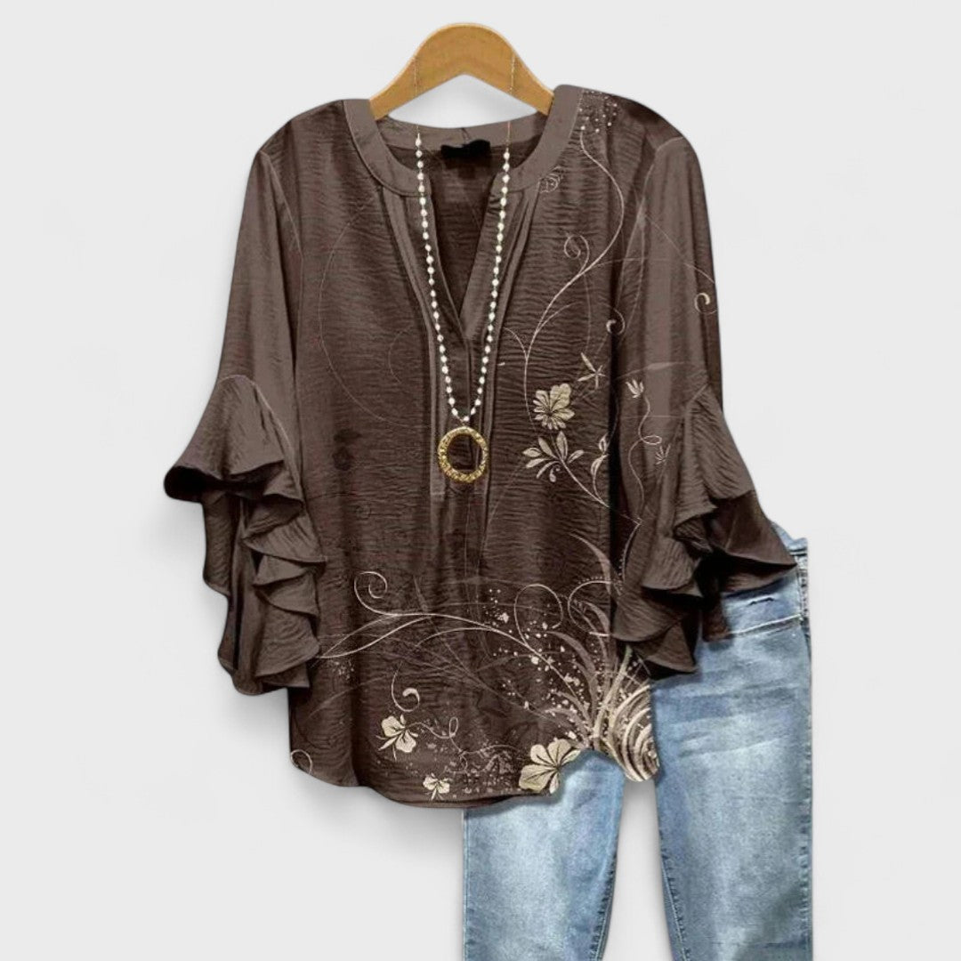 Women Linen V Neck Blouse Tiered Ruffle Bell Sleeve Floral Print Tunic Top